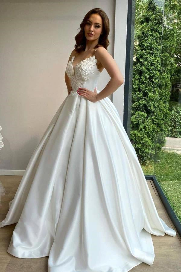 Romantic Spaghetti Straps White Lace Appliques Aline Wedding Dress Sleeveless Bridal Dress with Train-misshow.com