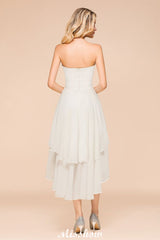 Romantic White/Ivory Sweetheart Hi-Lo Bridesmaid Dress Sleeveless Beach Wedding Guest Dress-misshow.com