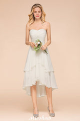 Romantic White/Ivory Sweetheart Hi-Lo Bridesmaid Dress Sleeveless Beach Wedding Guest Dress-misshow.com