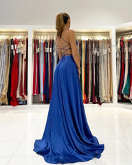 Royal Blue A-line Backless Long Prom Dresses-misshow.com