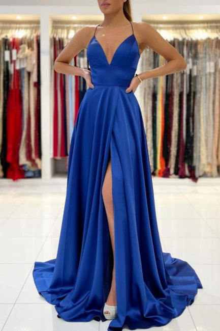 Royal Blue A-line Backless Long Prom Dresses-misshow.com