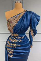 Royal Blue Asymmetric One Shoulder Stretch Satin Prom Dress with Appliques-misshow.com