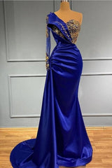 Royal Blue Long One Shoulder Mermaid Prom Dresses with Sleeves-misshow.com