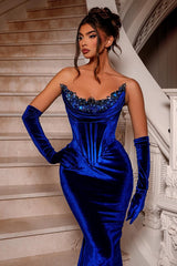 Royal Blue Long Velvet Beading Sleeveless Mermaid Prom Dresses-misshow.com