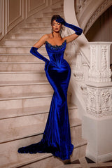 Royal Blue Long Velvet Beading Sleeveless Mermaid Prom Dresses-misshow.com