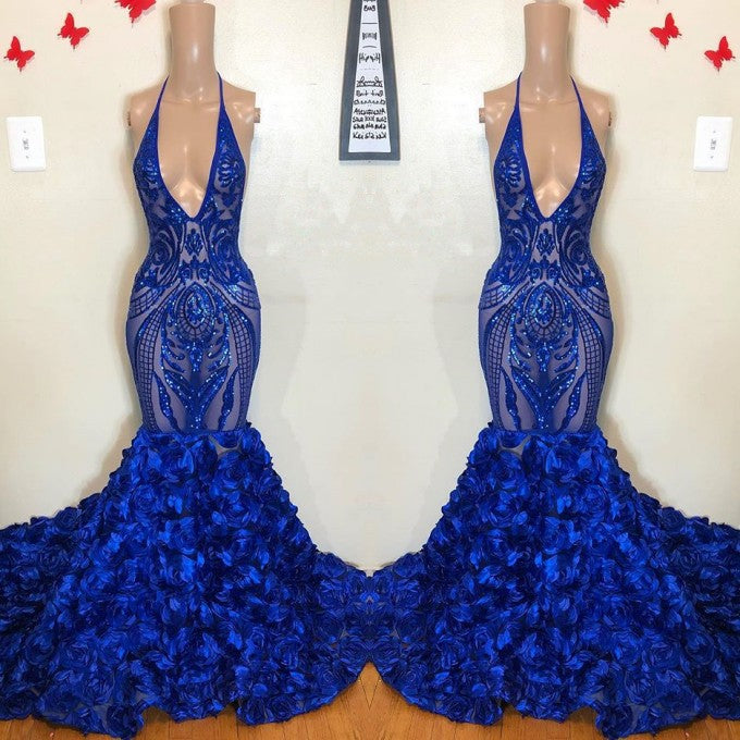 Royal Blue Mermaid Prom Dress Flowers Bottom Sequins V-Neck-misshow.com