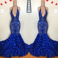 Royal Blue Mermaid Prom Dress Flowers Bottom Sequins V-Neck-misshow.com