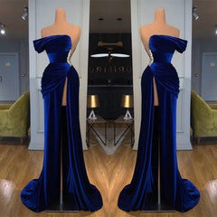 Royal Blue Off-the-shoulder Long Prom Evening Dress with Split-misshow.com