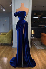 Royal Blue Off-the-shoulder Long Prom Evening Dress with Split-misshow.com