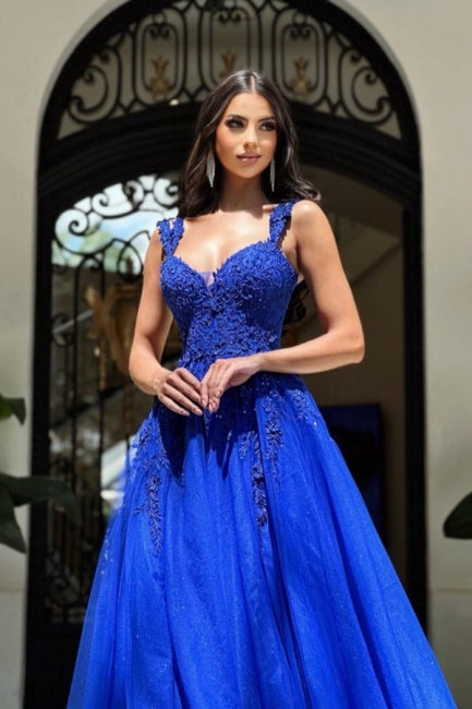 Royal Long Blue Sleeveless Prom Dresses A-line Lace Evening Dresses-misshow.com