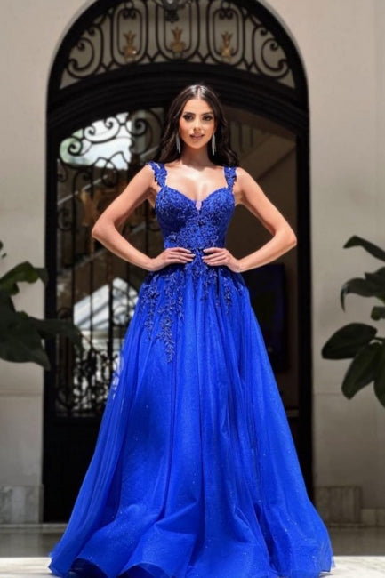 Royal Long Blue Sleeveless Prom Dresses A-line Lace Evening Dresses-misshow.com