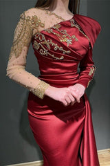 Ruby Asymmetrical Long Sleeves Mermaid Stretch Satin Prom Dress with Ruffles-misshow.com