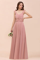 Ruffle Straps A-line Maxi Dusty Pink Bridesmaid Dress for Girls-misshow.com