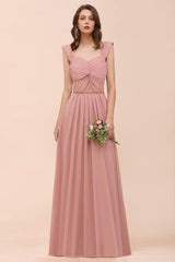 Ruffle Straps A-line Maxi Dusty Pink Bridesmaid Dress for Girls-misshow.com