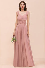 Ruffle Straps A-line Maxi Dusty Pink Bridesmaid Dress for Girls-misshow.com