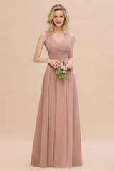 MISSHOW offers Ruffles V-Neck A-line Dusty Pink Bridesmaid Dresses, Sleeveless Floor-Length Evening Dresses at a good price from Misshow