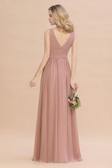 MISSHOW offers Ruffles V-Neck A-line Dusty Pink Bridesmaid Dresses, Sleeveless Floor-Length Evening Dresses at a good price from Misshow