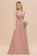 MISSHOW offers Ruffles V-Neck A-line Dusty Pink Bridesmaid Dresses, Sleeveless Floor-Length Evening Dresses at a good price from Misshow