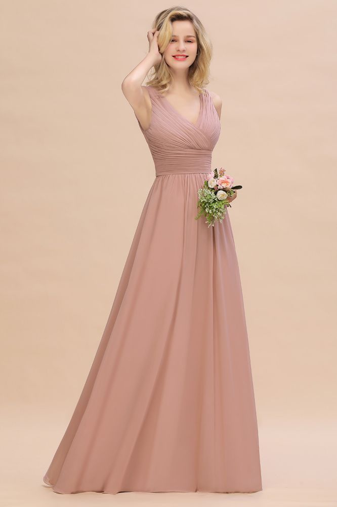 MISSHOW offers Ruffles V-Neck A-line Dusty Pink Bridesmaid Dresses, Sleeveless Floor-Length Evening Dresses at a good price from Misshow