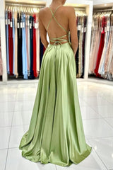 Sage Evening Dresses Simple Long A-line Satin Prom Dress With Slit-misshow.com