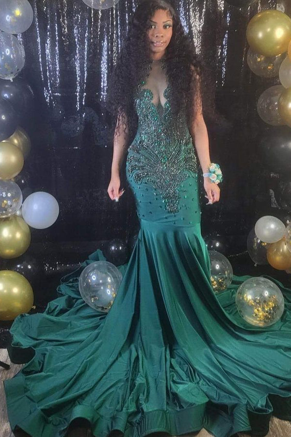 Saxy Long V-neck Sleeveless Mermaid Prom Dress With Beading-misshow.com