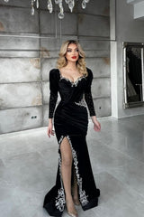 Sexy Black Sequined Column Appliques Long Sleeves Split Front Floor-length Prom Dresses-misshow.com