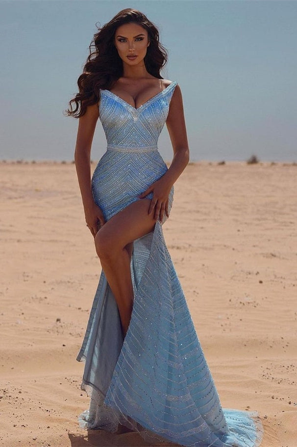 Sexy Blue V-neck Sequined Mermaid Prom Dress With Slit-misshow.com