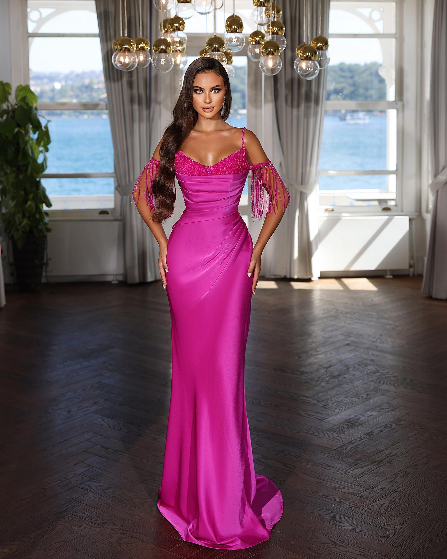 Sexy Floor Length Spaghetti Straps Mermaid Satin Evening Dress with Beads-misshow.com