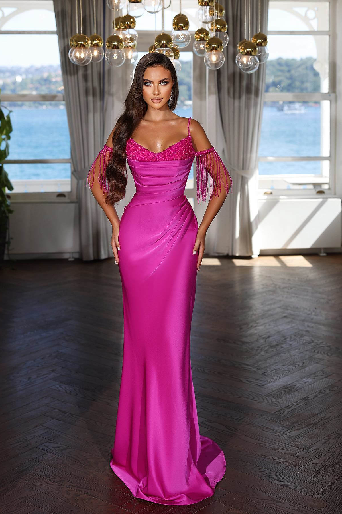 Sexy Floor Length Spaghetti Straps Mermaid Satin Evening Dress with Beads-misshow.com