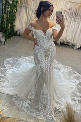 Sexy Floor Length Sweetheart Off-The-Shoulder Sleeveless Mermaid Lace Wedding Dress-misshow.com