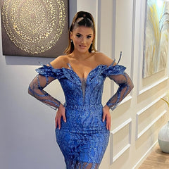 Sexy Floor Length V-Neck Long Sleeves Sheath Mermaid Lace Prom Dress-misshow.com