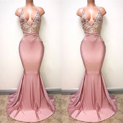 Sexy Lace-Appliques Sleeveless Mermaid Spaghettis-Strap Evening Gowns-misshow.com