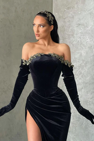 Sexy Long Black Off-the-shoulder Long Sleeves Mermaid Prom Dress With Slit-misshow.com