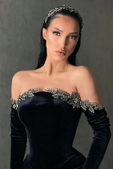 Sexy Long Black Off-the-shoulder Long Sleeves Mermaid Prom Dress With Slit-misshow.com