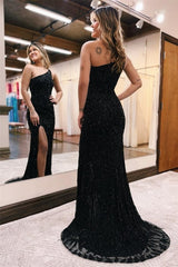 Sexy Long Black One Shoulder Glitter Mermaid Prom Dresses With Slit-misshow.com