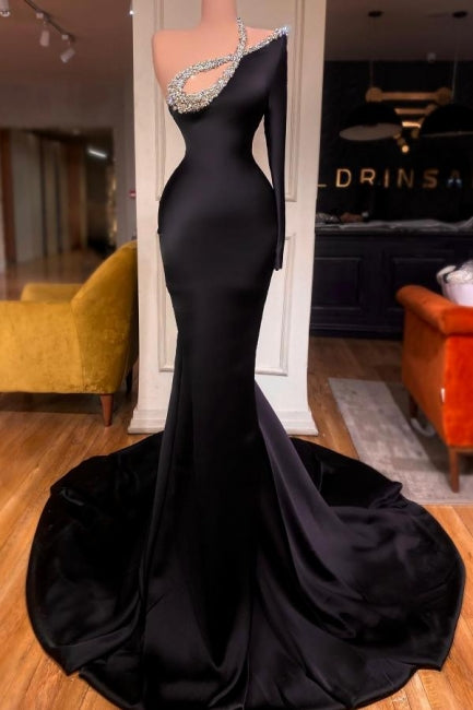 Sexy Long Black One Shoulder Long Sleeve Mermaid Prom Dresses with Glitter