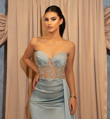 Sexy Long Blue Slit Glitter Mermaid Prom Dresses with Ruffles-misshow.com