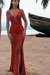 Sexy Long Glitter Red Sleeveless Mermaid Evening Dress With Slit-misshow.com