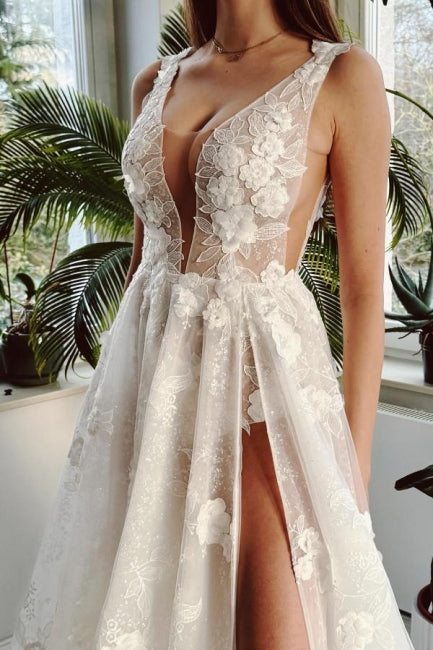 Sexy Long Ivory V-neck A-line Split Front Sleeveless Wedding Dress with Lace