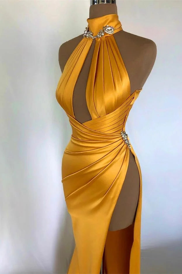 Sexy Long Mermaid High Neck Sleeveless Prom Dress With Slit-misshow.com