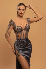 Sexy Long Mermaid Lace Evening Dresses With Long Sleeves-misshow.com