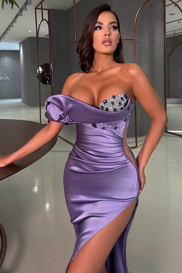 Sexy Long Mermaid Purple One Shoulder Sleeveless Rhinestones Prom Dress with Slit