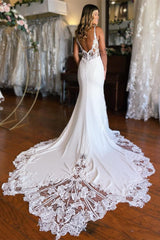 Sexy Long Mermaid Spaghetti Straps Lace Backless Wedding Dress With Train-misshow.com