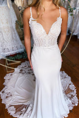 Sexy Long Mermaid Spaghetti Straps Lace Backless Wedding Dress With Train-misshow.com