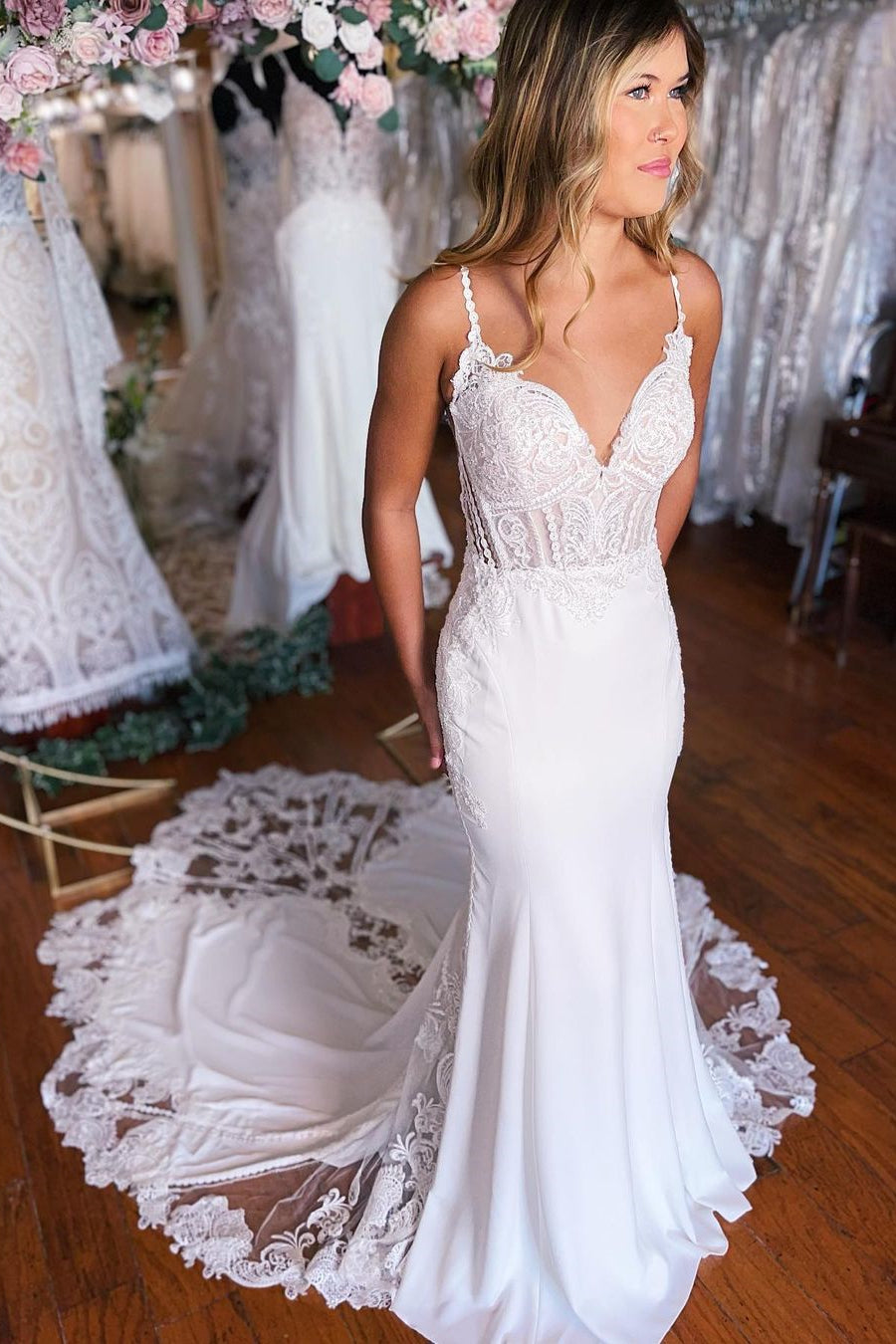 Sexy Long Mermaid Spaghetti Straps Lace Backless Wedding Dress With Train-misshow.com