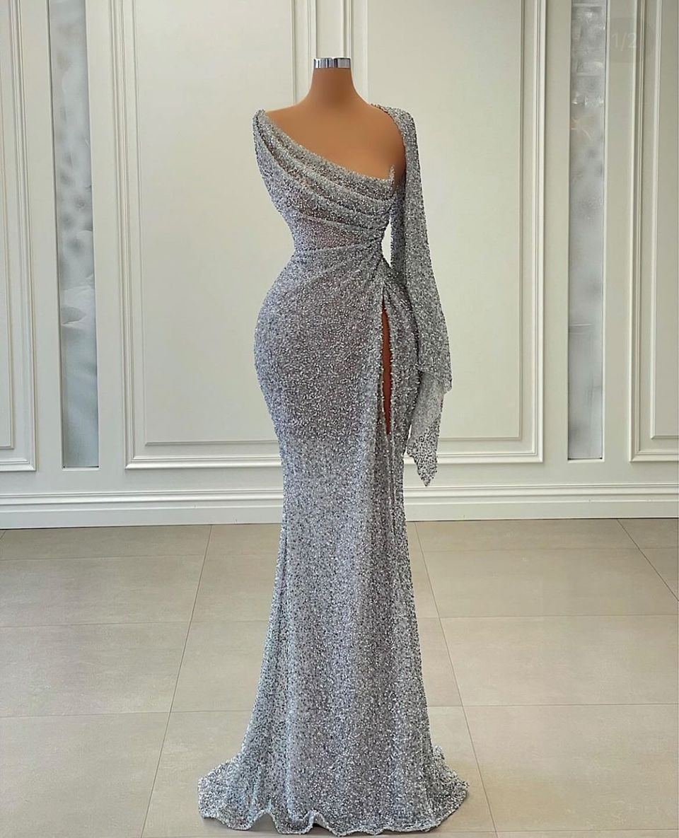 Sexy Long One Shoulder Sequins Slit Prom Dress Mermaid-misshow.com