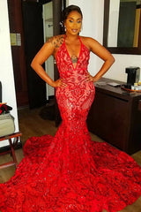 Sexy Long Red Halter Backless V-neck Lace Sleeveless Mermaid Prom Dress-misshow.com