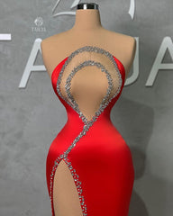 Sexy Long Red Mermaid Beading Sleeveless Prom Dress With Slit-misshow.com