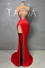 Sexy Long Red Mermaid Beading Sleeveless Prom Dress With Slit-misshow.com