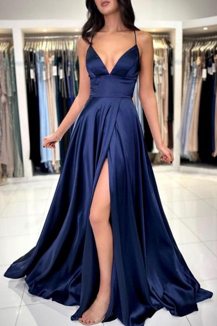 Sexy Long Simple Navy Blue Spaghetti Straps Prom dresses with Slit